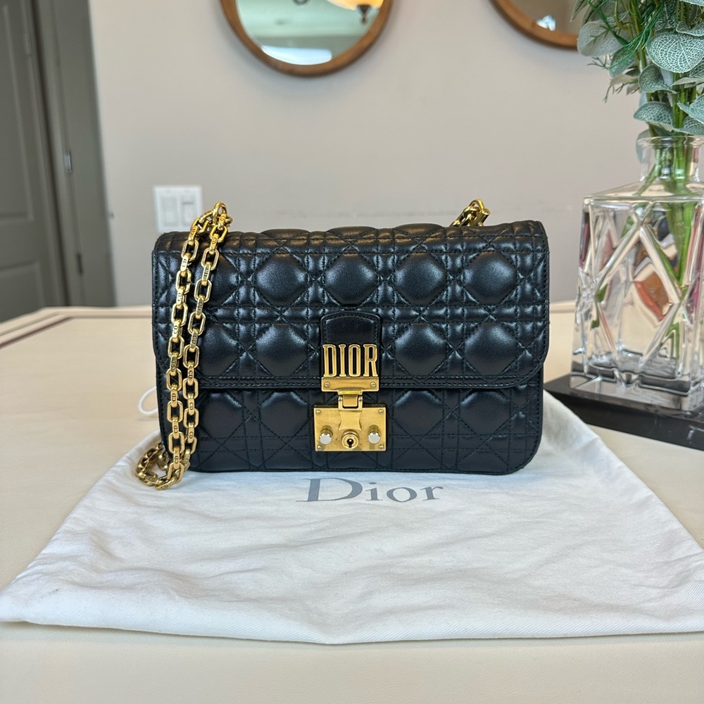 Authentic Christian Dior Black Leather Shoulder Bag With Gold hardware